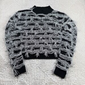 Hot & Delicious Tinsel Fringe Sweater Womens L Black Shaggy Party Goth Glam Punk